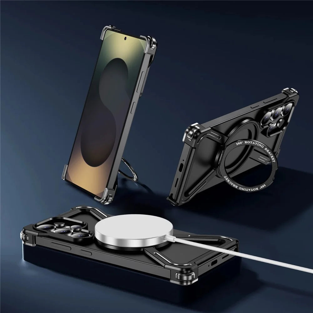 For Samsung Galaxy S25 Ultra Magnetic Case Military Grade Anti Drop 360° Rotating Kickstand Titanium Alloy Bumper Phone Cover - Black - 5