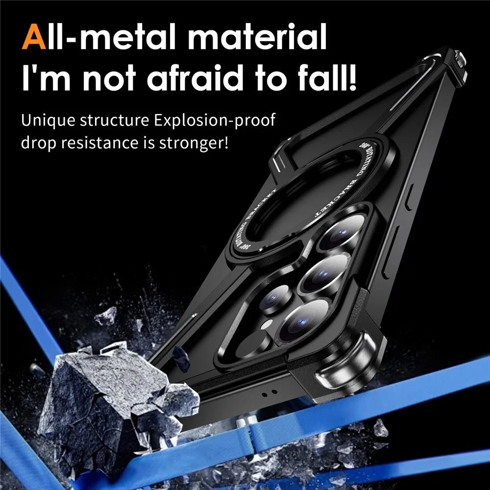 For Samsung Galaxy S25 Ultra Magnetic Case Military Grade Anti Drop 360° Rotating Kickstand Titanium Alloy Bumper Phone Cover - Black - 6