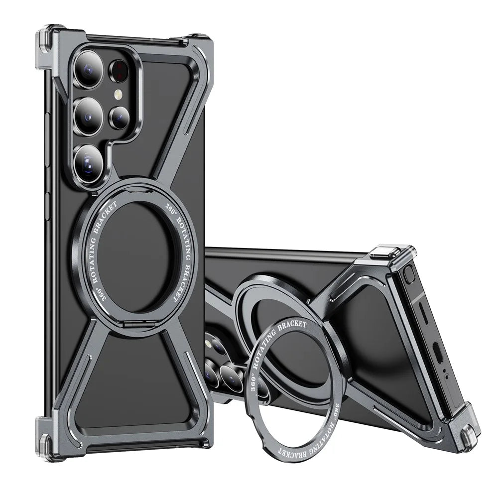 For Samsung Galaxy S24 Ultra Magnetic Case Military Grade Anti Drop Rotating Kickstand Titanium Alloy Bumper Phone Cover - Grey - 1