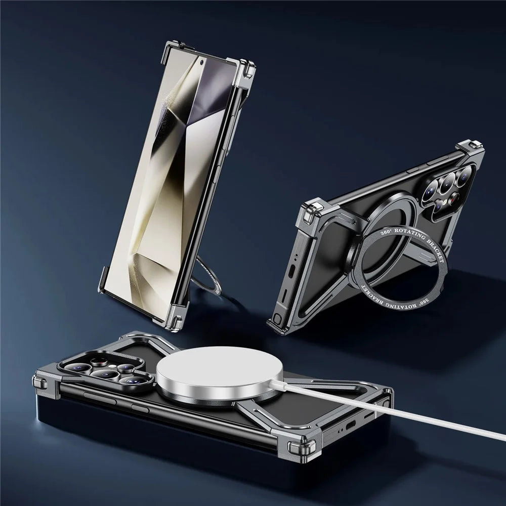 For Samsung Galaxy S24 Ultra Magnetic Case Military Grade Anti Drop Rotating Kickstand Titanium Alloy Bumper Phone Cover - Grey - 2