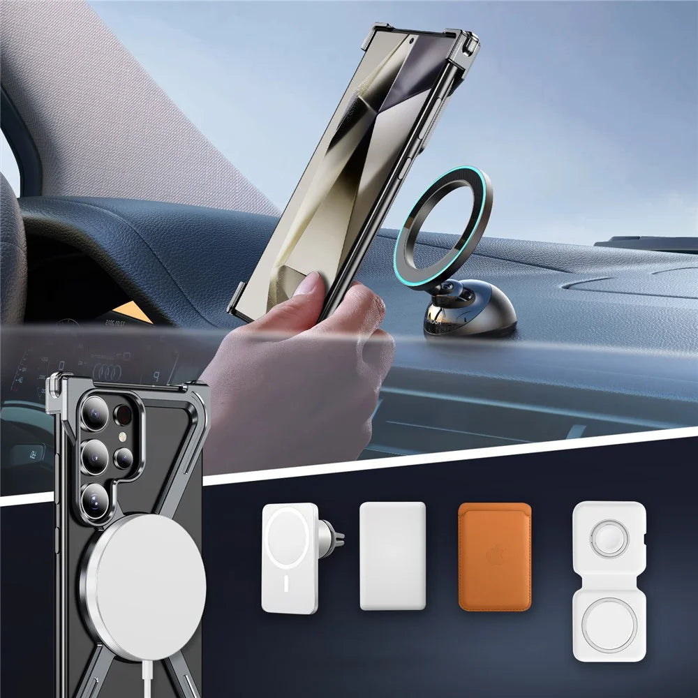 For Samsung Galaxy S24 Ultra Magnetic Case Military Grade Anti Drop Rotating Kickstand Titanium Alloy Bumper Phone Cover - Grey - 4