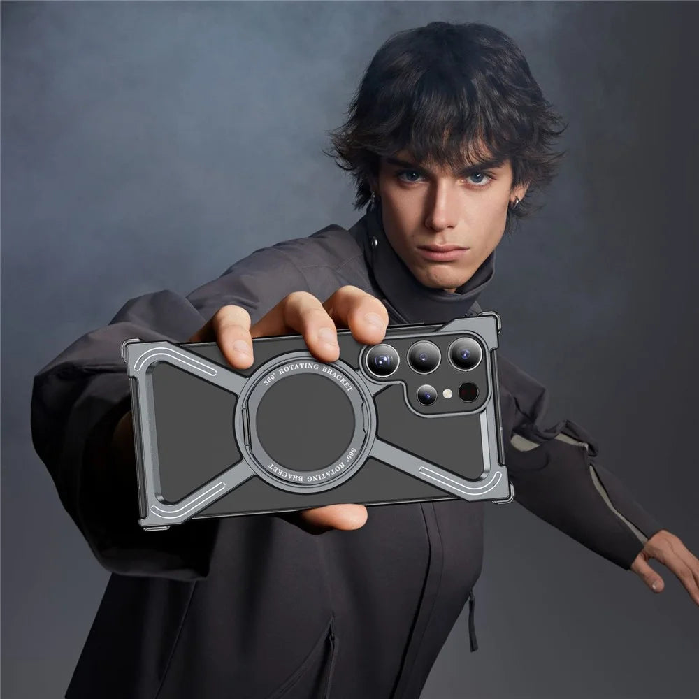 For Samsung Galaxy S24 Ultra Magnetic Case Military Grade Anti Drop Rotating Kickstand Titanium Alloy Bumper Phone Cover - Grey - 7