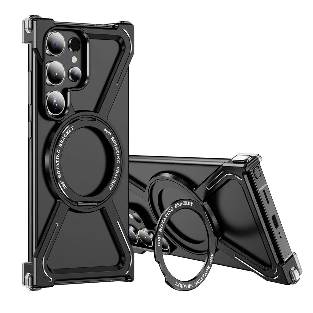 For Samsung Galaxy S23 Ultra Case Military Grade Anti Drop Rotating Kickstand Titanium Alloy Bumper Phone Cover - Black - 1