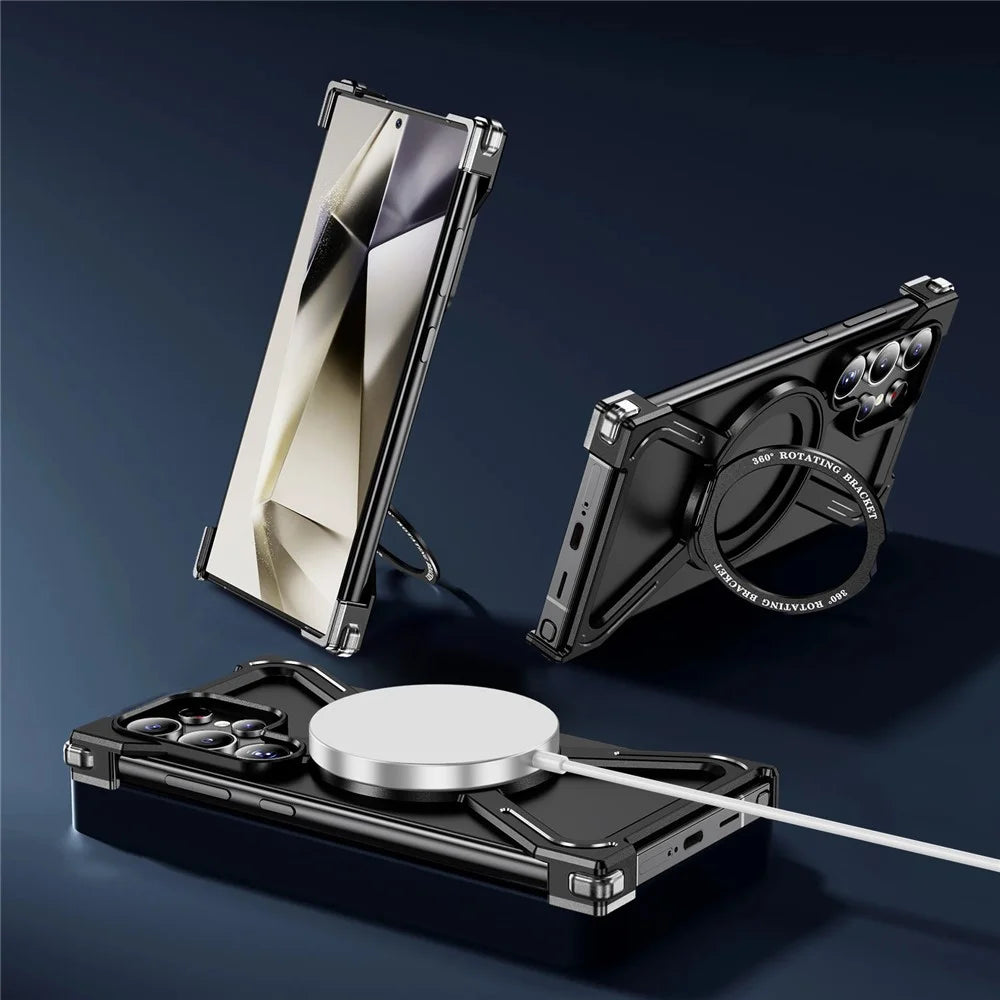 For Samsung Galaxy S23 Ultra Case Military Grade Anti Drop Rotating Kickstand Titanium Alloy Bumper Phone Cover - Black - 2