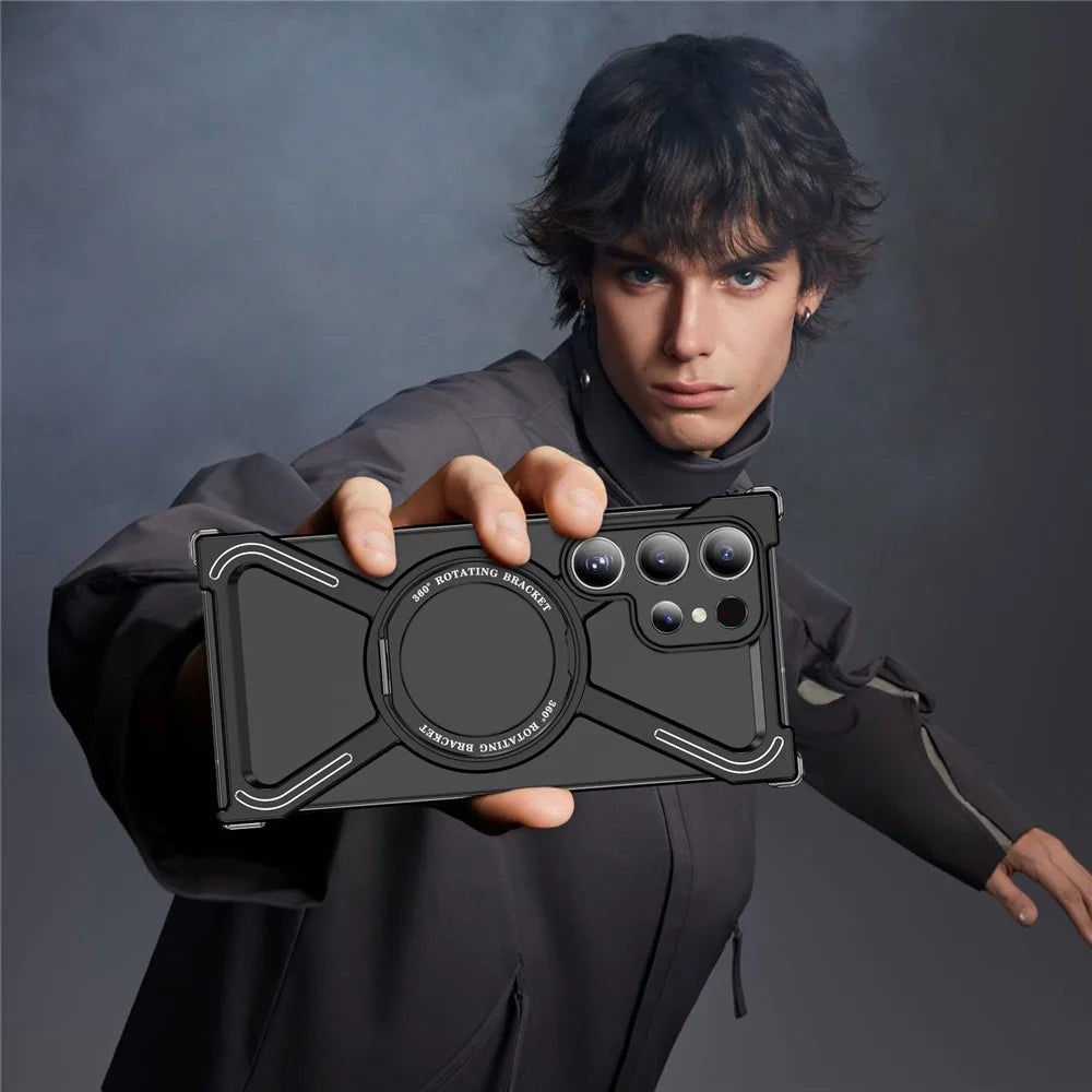 For Samsung Galaxy S23 Ultra Case Military Grade Anti Drop Rotating Kickstand Titanium Alloy Bumper Phone Cover - Black - 7
