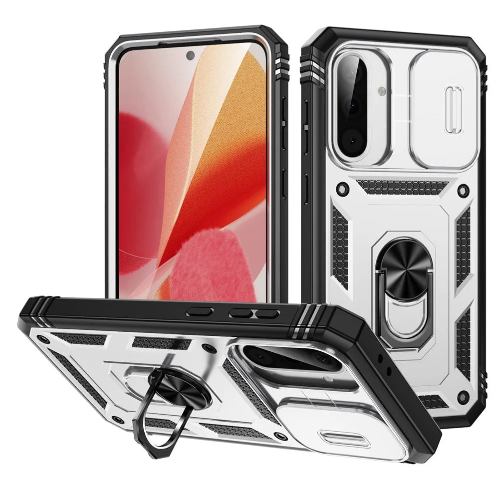 For Samsung Galaxy A36 5G Case TPU+PC Slide Camshield Kickstand Phone Cover - White - 1