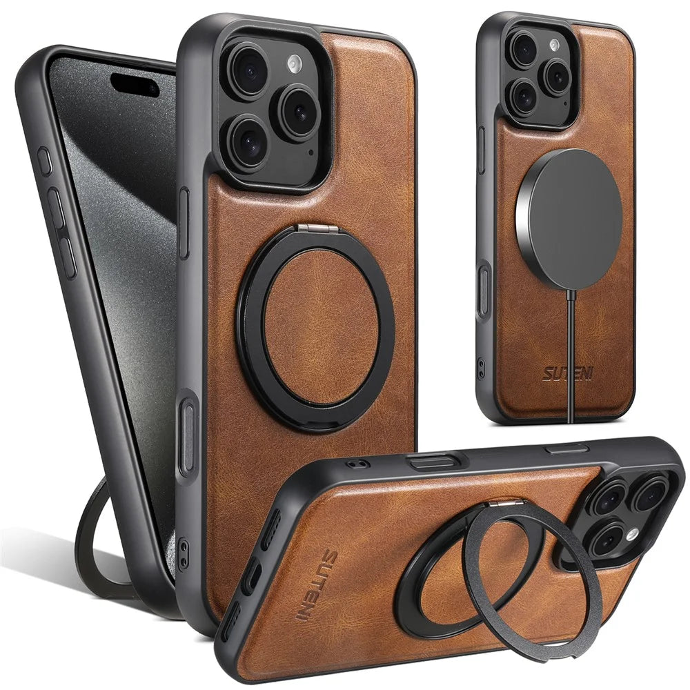 SUTENI G3 For iPhone 16 Pro Case Compatible with MagSafe Waxy Texture 360° Rotating Kickstand Leather Phone Back Cover - Brown - 1