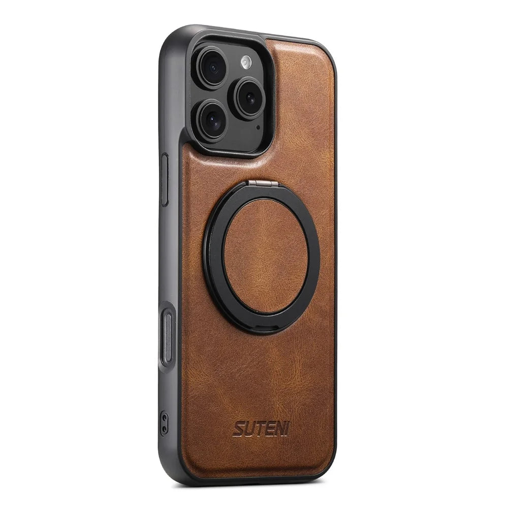 SUTENI G3 For iPhone 16 Pro Case Compatible with MagSafe Waxy Texture 360° Rotating Kickstand Leather Phone Back Cover - Brown - 4