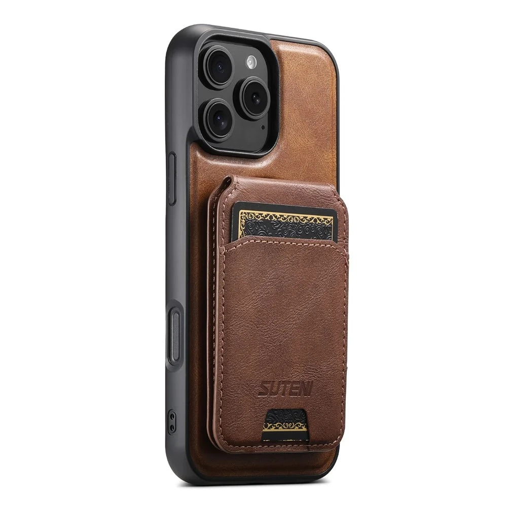 SUTENI G3 For iPhone 16 Pro Case Compatible with MagSafe Waxy Texture 360° Rotating Kickstand Leather Phone Back Cover - Brown - 5