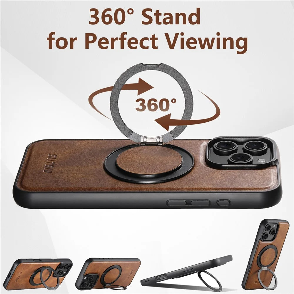 SUTENI G3 For iPhone 16 Pro Case Compatible with MagSafe Waxy Texture 360° Rotating Kickstand Leather Phone Back Cover - Brown - 6