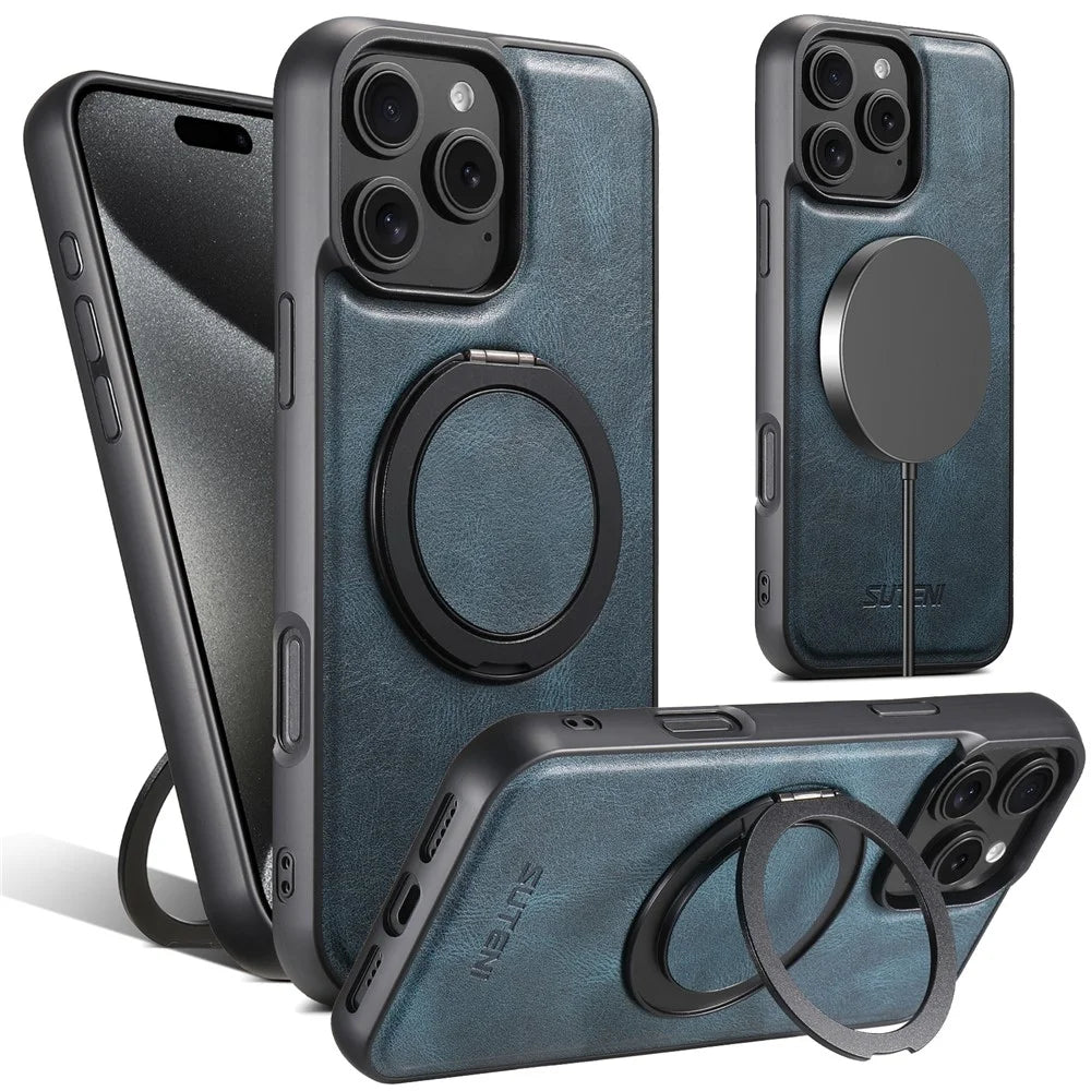 SUTENI G3 For iPhone 16 Pro Max Case Compatible with MagSafe Waxy Texture 360° Rotating Kickstand Leather Phone Back Cover - Blue - 1
