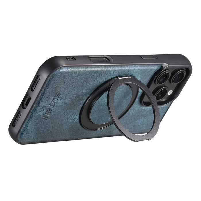 SUTENI G3 For iPhone 16 Pro Max Case Compatible with MagSafe Waxy Texture 360° Rotating Kickstand Leather Phone Back Cover - Blue - 2