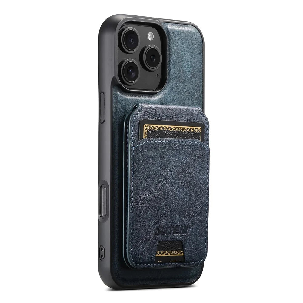 SUTENI G3 For iPhone 16 Pro Max Case Compatible with MagSafe Waxy Texture 360° Rotating Kickstand Leather Phone Back Cover - Blue - 5