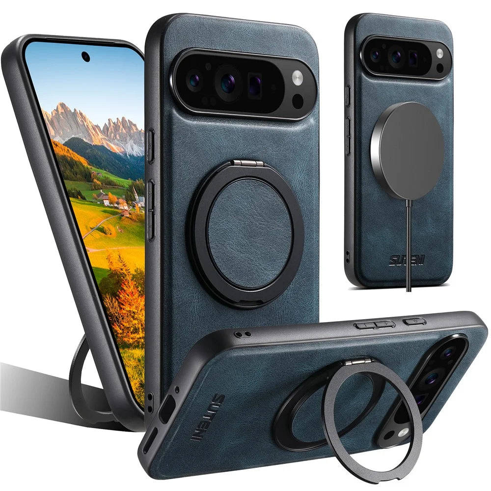 SUTENI G3 For Google Pixel 9 Pro XL Magnetic Case Waxy Texture 360° Rotating Kickstand Leather Phone Back Cover - Blue - 1