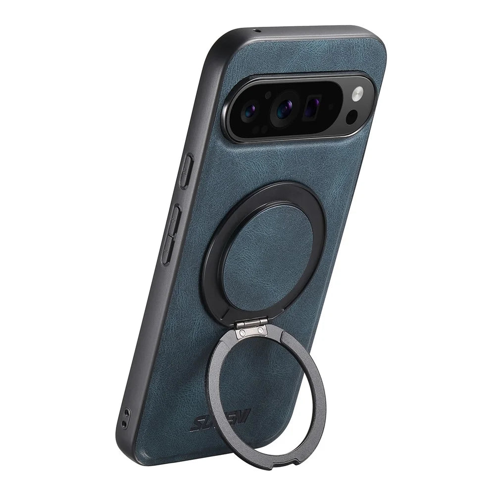 SUTENI G3 For Google Pixel 9 Pro XL Magnetic Case Waxy Texture 360° Rotating Kickstand Leather Phone Back Cover - Blue - 3