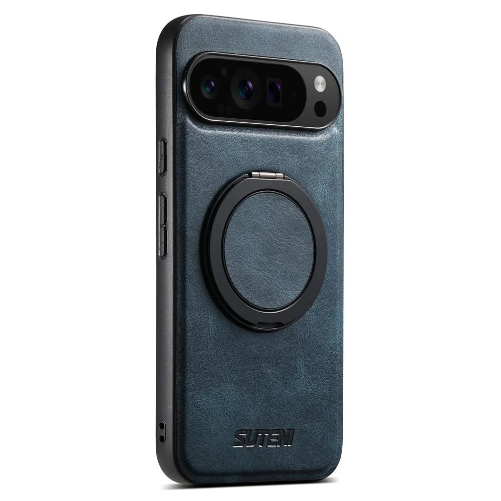 SUTENI G3 For Google Pixel 9 Pro XL Magnetic Case Waxy Texture 360° Rotating Kickstand Leather Phone Back Cover - Blue - 4