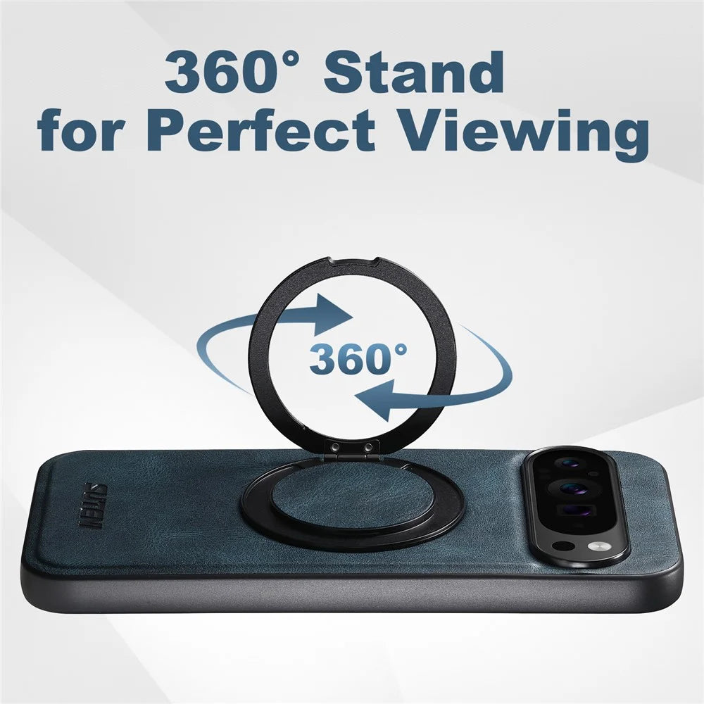 SUTENI G3 For Google Pixel 9 Pro XL Magnetic Case Waxy Texture 360° Rotating Kickstand Leather Phone Back Cover - Blue - 5