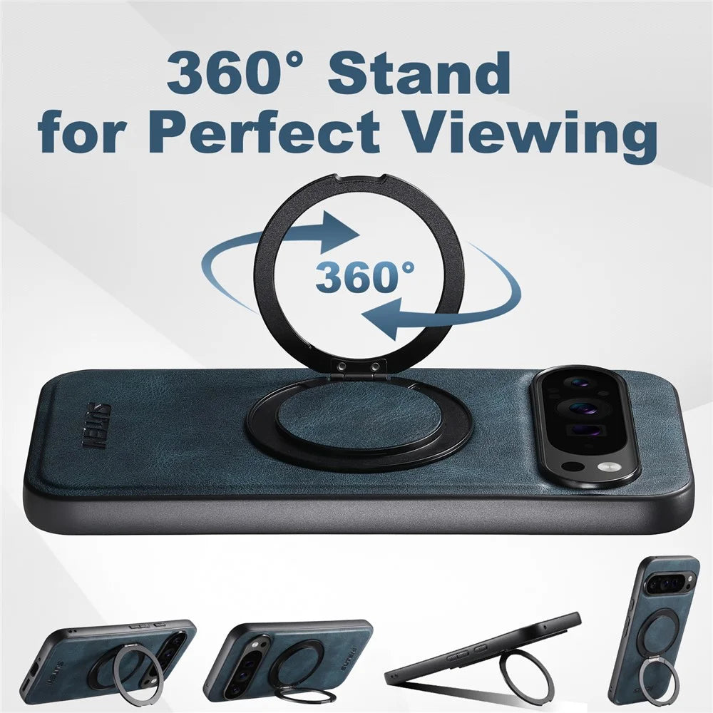 SUTENI G3 For Google Pixel 9 Pro XL Magnetic Case Waxy Texture 360° Rotating Kickstand Leather Phone Back Cover - Blue - 6