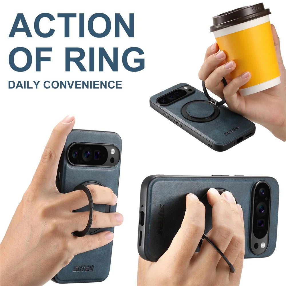 SUTENI G3 For Google Pixel 9 Pro XL Magnetic Case Waxy Texture 360° Rotating Kickstand Leather Phone Back Cover - Blue - 7