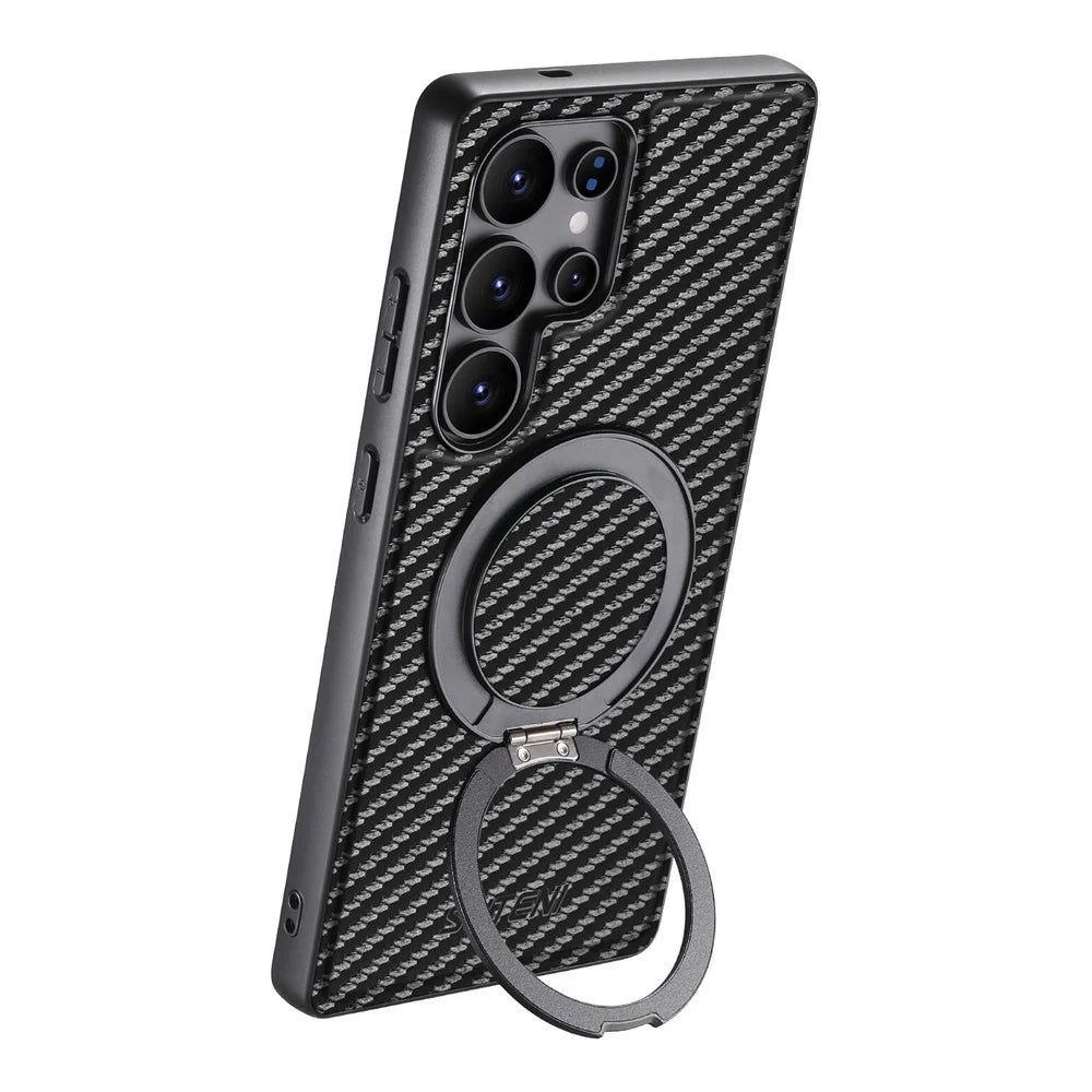 SUTENI G3 For Samsung Galaxy S23 Ultra Magnetic Case Rotating Kickstand Carbon Fiber Texture Leather Phone Back Cover - 4