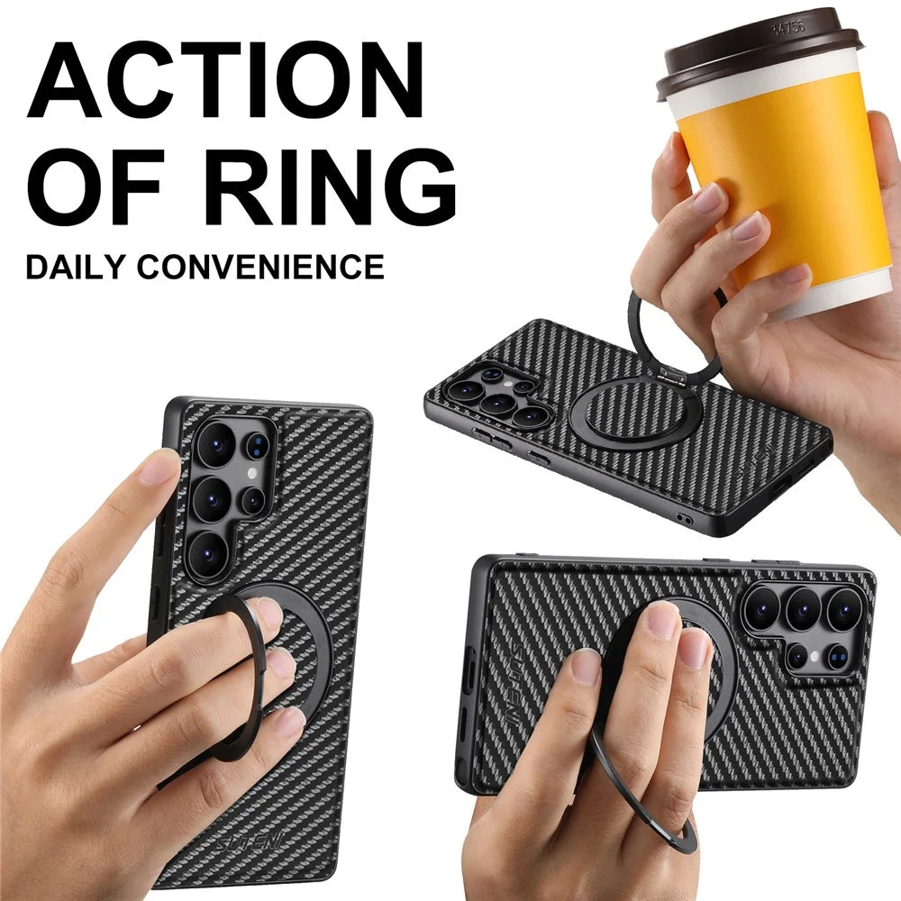 SUTENI G3 For Samsung Galaxy S23 Ultra Magnetic Case Rotating Kickstand Carbon Fiber Texture Leather Phone Back Cover - 6