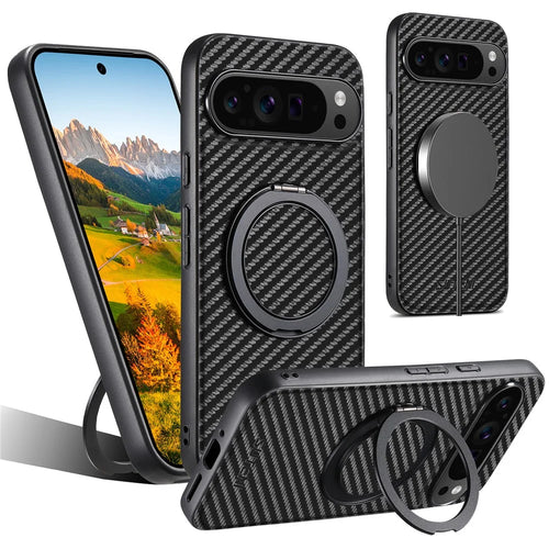 SUTENI G3 For Google Pixel 9 Pro XL Magnetic Case Carbon Fiber Texture Rotating Kickstand Leather Phone Back Cover - 1