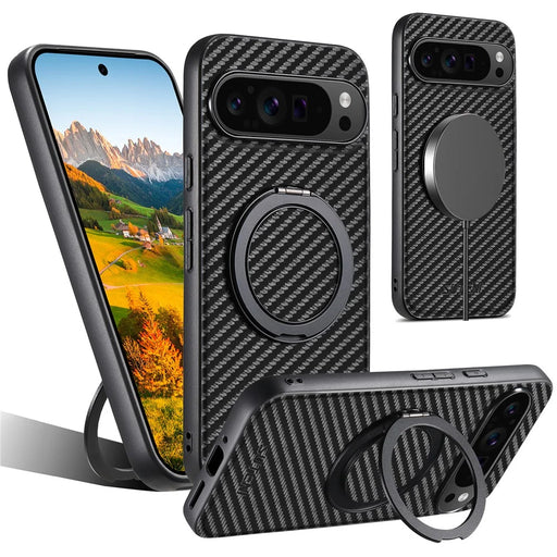 SUTENI G3 For Google Pixel 9 Pro XL Magnetic Case Carbon Fiber Texture Rotating Kickstand Leather Phone Back Cover - 1