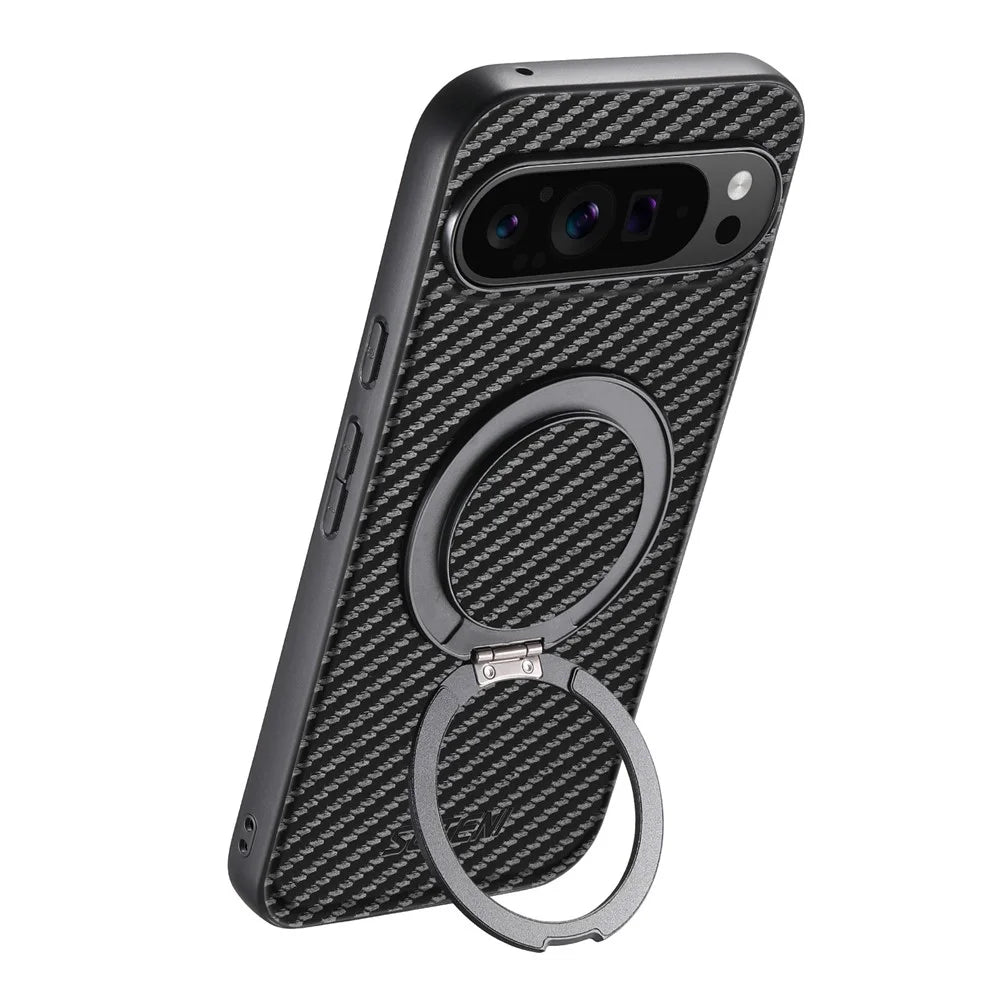 SUTENI G3 For Google Pixel 9 Pro XL Magnetic Case Carbon Fiber Texture Rotating Kickstand Leather Phone Back Cover - 5