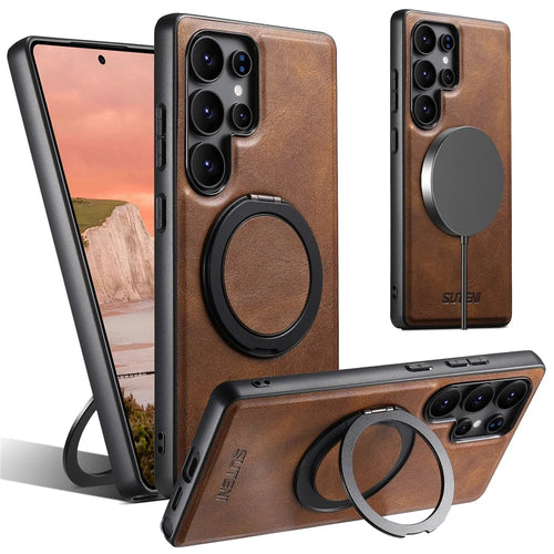 SUTENI G3 For Samsung Galaxy S22 Ultra 5G Magnetic Case Waxy Texture Rotating Kickstand Leather Phone Back Cover - Brown - 1