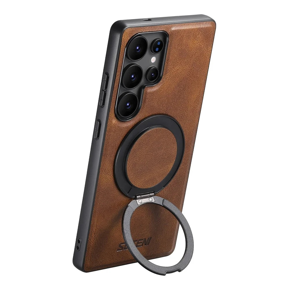 SUTENI G3 For Samsung Galaxy S22 Ultra 5G Magnetic Case Waxy Texture Rotating Kickstand Leather Phone Back Cover - Brown - 3