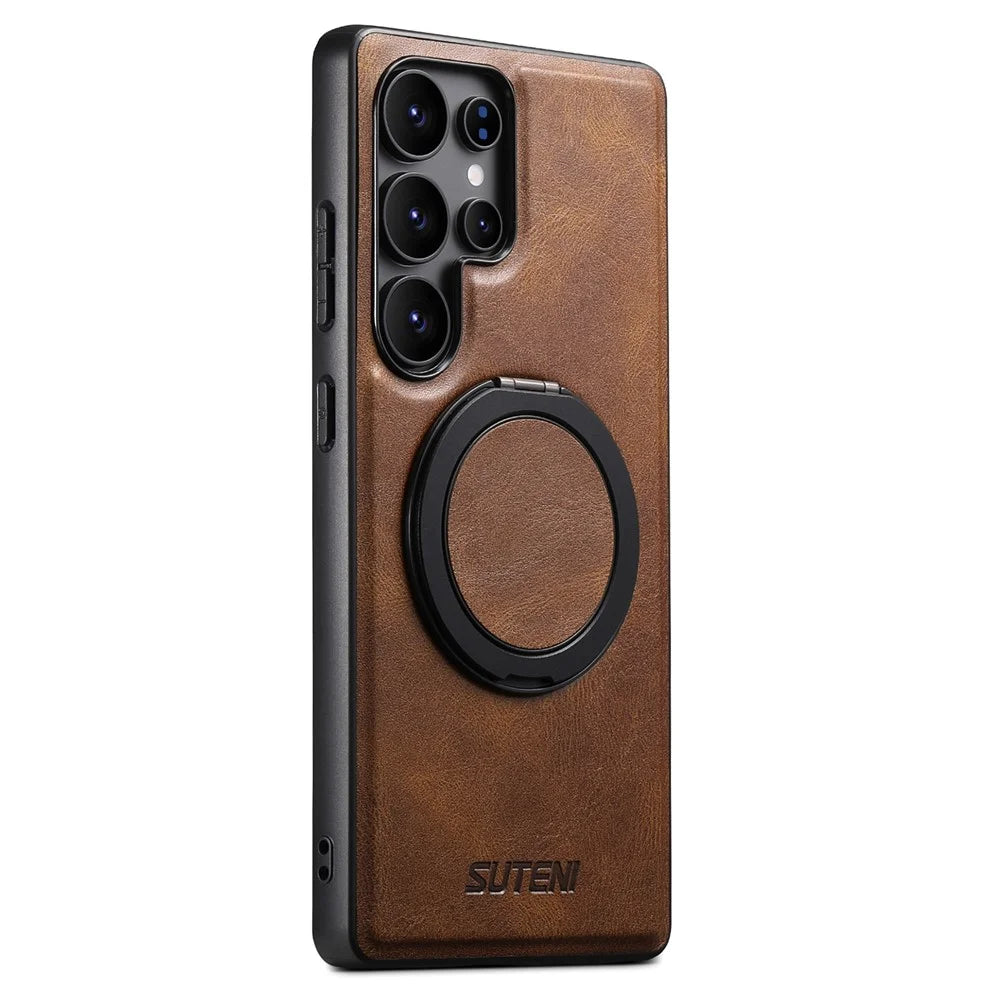 SUTENI G3 For Samsung Galaxy S22 Ultra 5G Magnetic Case Waxy Texture Rotating Kickstand Leather Phone Back Cover - Brown - 5