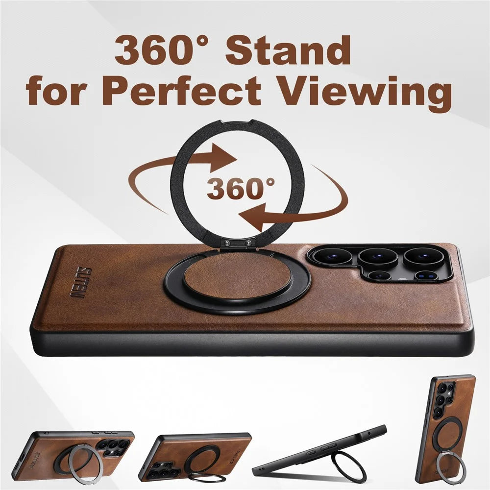 SUTENI G3 For Samsung Galaxy S22 Ultra 5G Magnetic Case Waxy Texture Rotating Kickstand Leather Phone Back Cover - Brown - 7