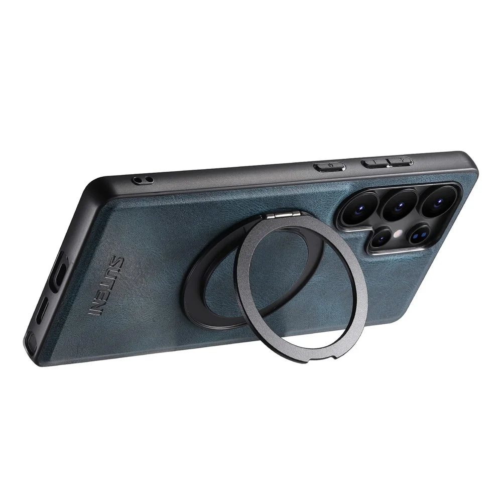 SUTENI G3 For Samsung Galaxy S23 Ultra Magnetic Case Waxy Texture 360° Rotating Kickstand Leather Phone Back Cover - Blue - 2