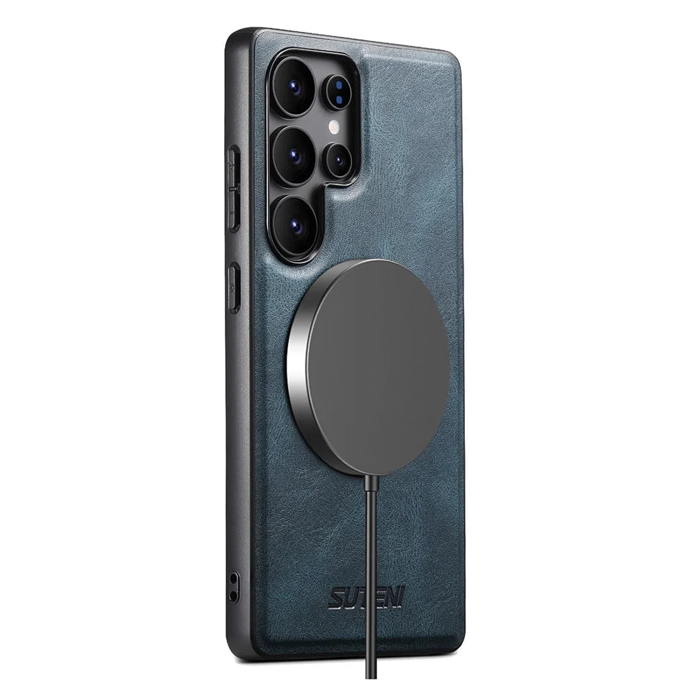 SUTENI G3 For Samsung Galaxy S23 Ultra Magnetic Case Waxy Texture 360° Rotating Kickstand Leather Phone Back Cover - Blue - 5