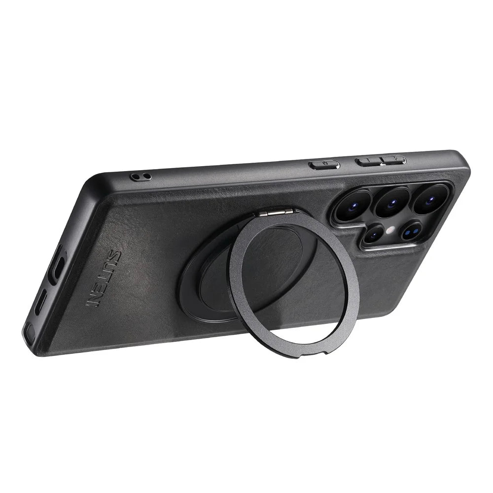 SUTENI G3 For Samsung Galaxy S24 Ultra Magnetic Case Waxy Texture 360° Rotating Kickstand Leather Phone Back Cover - Black - 2
