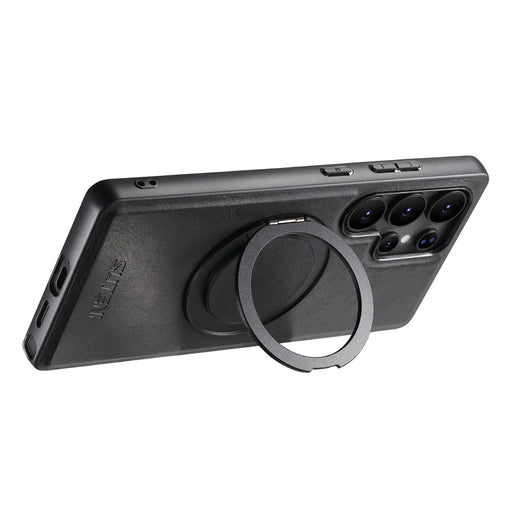 SUTENI G3 For Samsung Galaxy S24 Ultra Magnetic Case Waxy Texture 360° Rotating Kickstand Leather Phone Back Cover - Black - 2