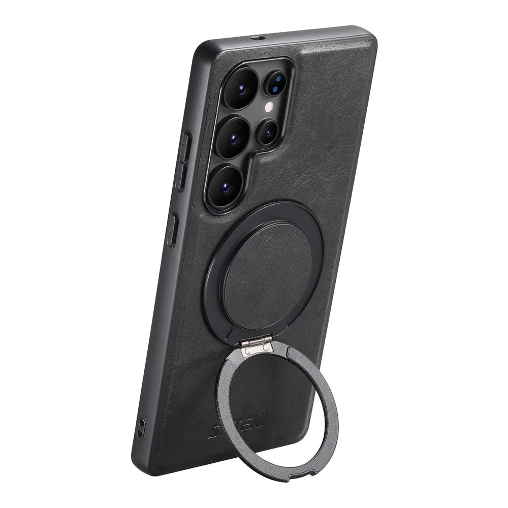 SUTENI G3 For Samsung Galaxy S24 Ultra Magnetic Case Waxy Texture 360° Rotating Kickstand Leather Phone Back Cover - Black - 3