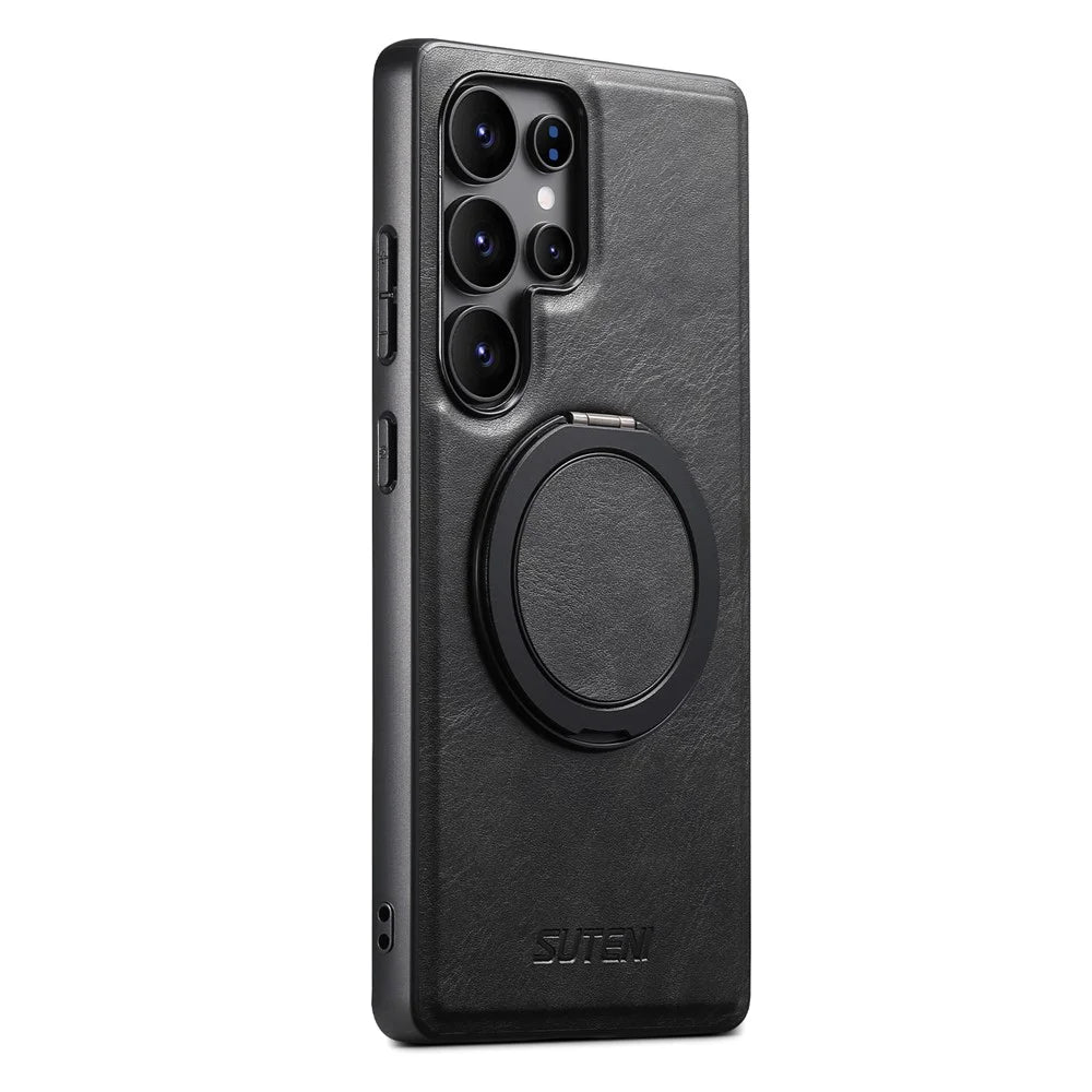 SUTENI G3 For Samsung Galaxy S24 Ultra Magnetic Case Waxy Texture 360° Rotating Kickstand Leather Phone Back Cover - Black - 4