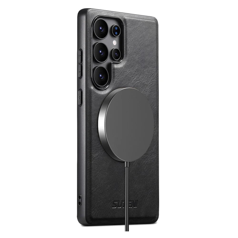 SUTENI G3 For Samsung Galaxy S24 Ultra Magnetic Case Waxy Texture 360° Rotating Kickstand Leather Phone Back Cover - Black - 5