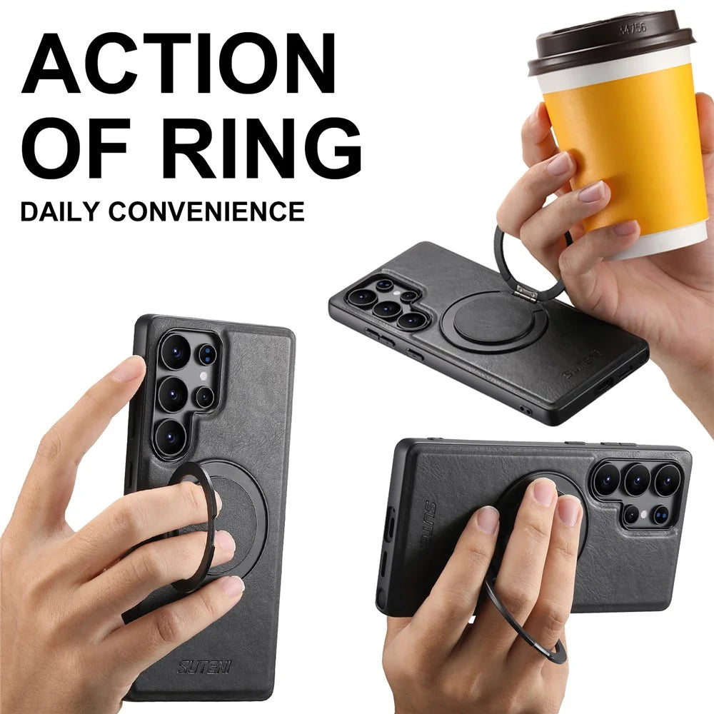 SUTENI G3 For Samsung Galaxy S24 Ultra Magnetic Case Waxy Texture 360° Rotating Kickstand Leather Phone Back Cover - Black - 6