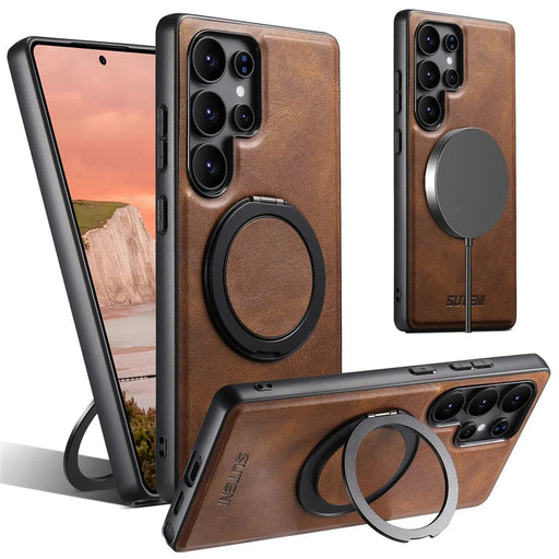SUTENI G3 For Samsung Galaxy S25 Ultra Magnetic Case Waxy Texture Rotating Kickstand Leather Phone Back Cover - Brown - 1