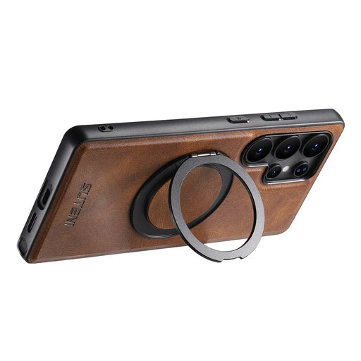 SUTENI G3 For Samsung Galaxy S25 Ultra Magnetic Case Waxy Texture Rotating Kickstand Leather Phone Back Cover - Brown - 2