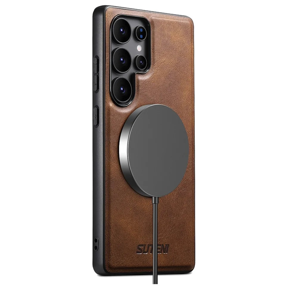 SUTENI G3 For Samsung Galaxy S25 Ultra Magnetic Case Waxy Texture Rotating Kickstand Leather Phone Back Cover - Brown - 4