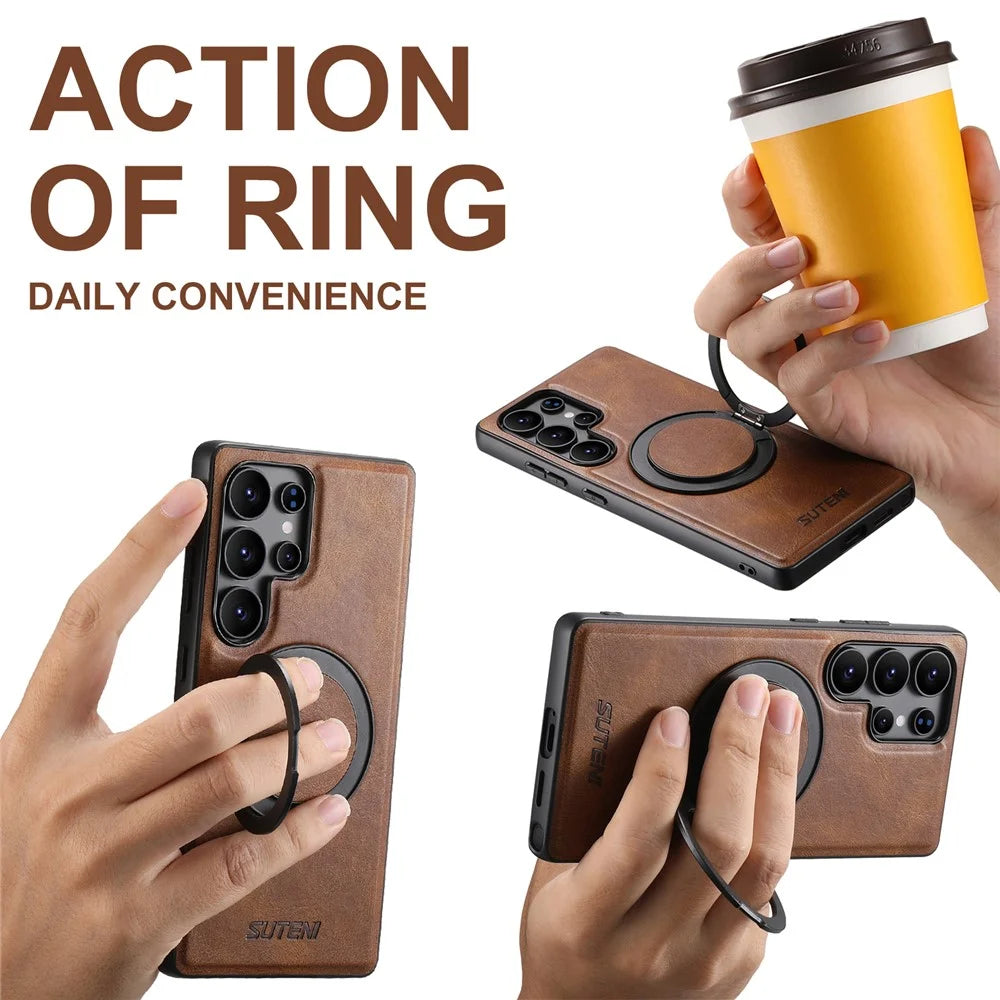 SUTENI G3 For Samsung Galaxy S25 Ultra Magnetic Case Waxy Texture Rotating Kickstand Leather Phone Back Cover - Brown - 6