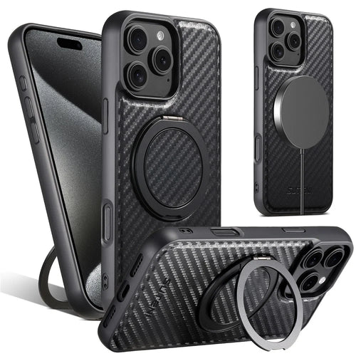 SUTENI G3 For iPhone 16 Pro Magnetic Case Rotating Kickstand Carbon Fiber Texture Leather Phone Back Cover - 1
