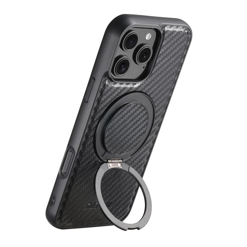 SUTENI G3 For iPhone 16 Pro Magnetic Case Rotating Kickstand Carbon Fiber Texture Leather Phone Back Cover - 3