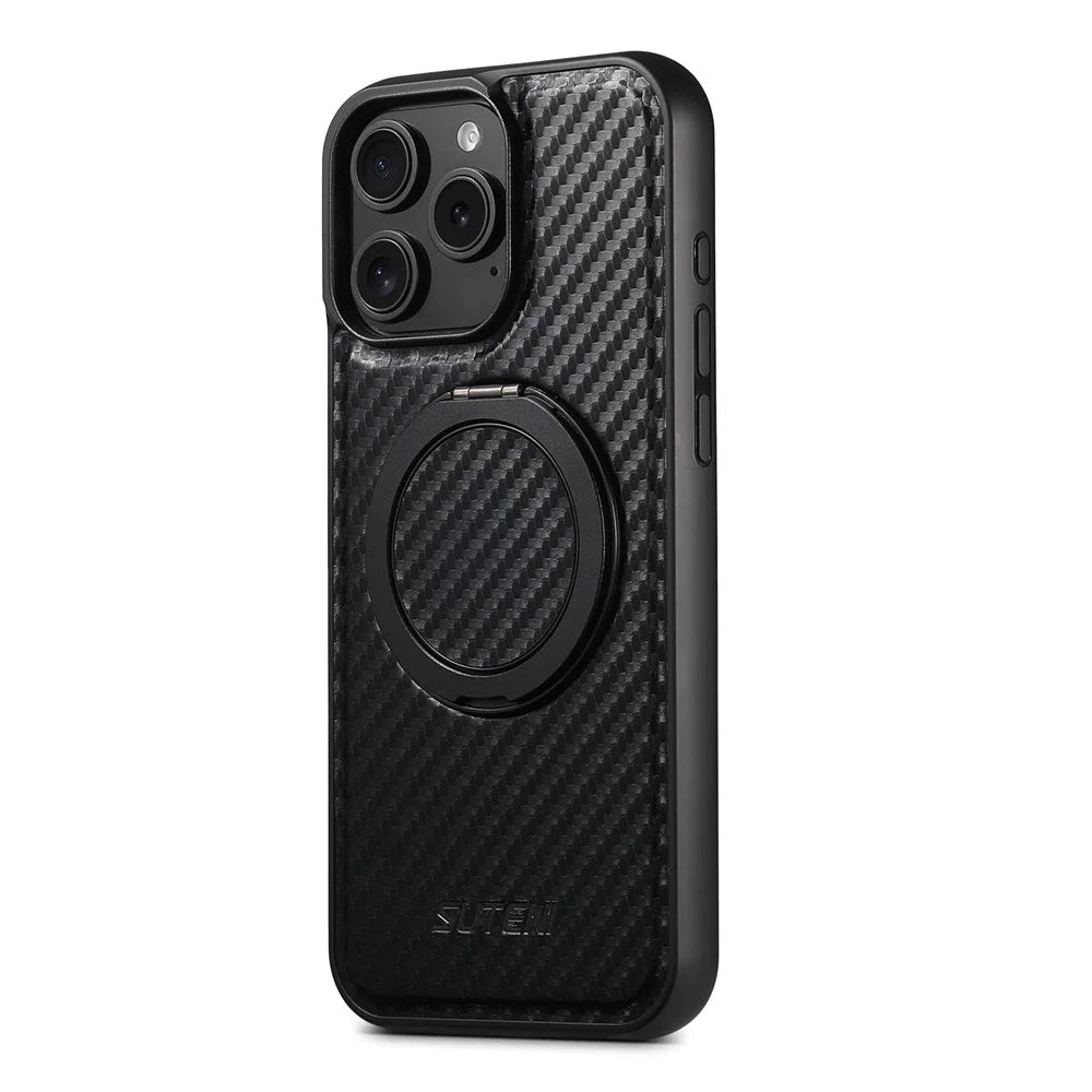 SUTENI G3 For iPhone 16 Pro Magnetic Case Rotating Kickstand Carbon Fiber Texture Leather Phone Back Cover - 4