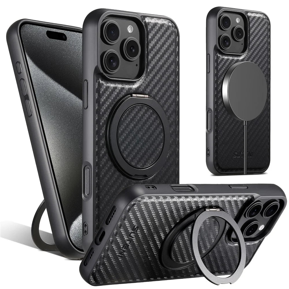 SUTENI G3 For iPhone 16 Pro Max Magnetic Case Rotating Kickstand Carbon Fiber Texture Leather Phone Back Cover - 1