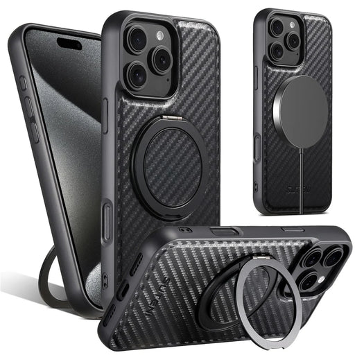 SUTENI G3 For iPhone 16 Pro Max Magnetic Case Rotating Kickstand Carbon Fiber Texture Leather Phone Back Cover - 1