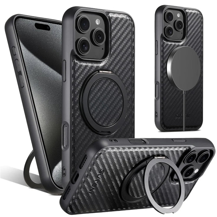 SUTENI G3 For iPhone 16 Pro Max Magnetic Case Rotating Kickstand Carbon Fiber Texture Leather Phone Back Cover - 1